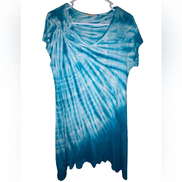 SOFT SURROUNDINGS Tunic Mira Costa Turquoise Tie Dye Size Medium Boho Rhinestone - Picture 1 of 7